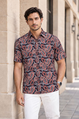 Black Half Sleeve Ajrakh Printed Cotton Mens Shirt 10071087