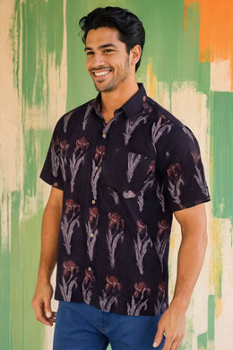 Black Half Sleeve Jahota Printed Cotton Mens Shirt 10074321