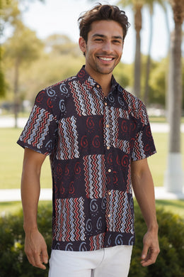 Black Half Sleeve Ajrakh Printed Cotton Mens Shirt 10073173