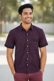 Indigo Handblock Print Pre-Washed Pure Cotton Crop Shirt 10074615