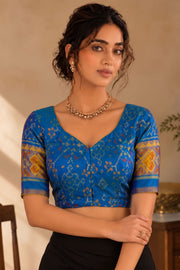 Classic Royal Blue Kanjivaram Silk Blouse With Floral Motifs and Geometric Border 10076634