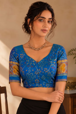Classic Royal Blue Kanjivaram Silk Blouse With Floral Motifs and Geometric Border 10076634
