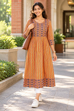 Orange Printed Cotton Kurta 10078205