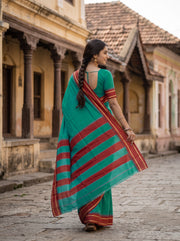 Peacock Green Vegan Silk Kanjivaram Saree With Temple Border 10077926