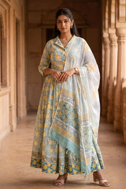 Blue Hand Block Printed Chaniya Choli With Kota Doria Dupatta 10066335