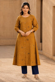 Ochre Yellow Hand Embroidered Cotton Kurta 10077644