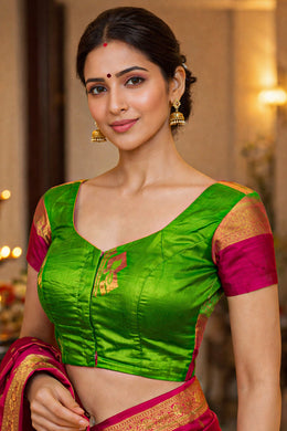 Leaf Bud Green Kanjivaram Soft Silk Blouse With Floral Motifs 10076603