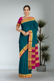 Midnight Teal Blue Mysore Crepe Silk Saree With Zari Border 10076670