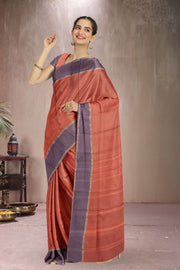 Kanjivaram Vegan Viscose Silk Saree Peach Color Block Design 10075555