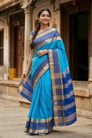Blue Semi Mysore Crepe Silk Saree With Zari Border 10077827