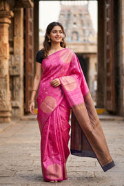 Hot Pink Jute Weave Kanjivaram Vegan Silk Saree 10074637