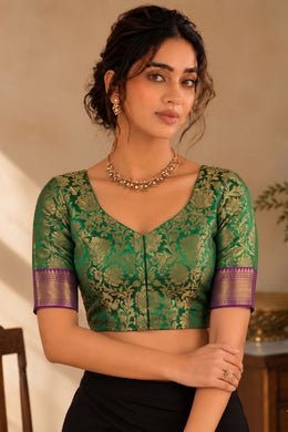 Peacock Whisper Green Kanjivaram Soft Silk Brocade Blouse With Floral Border 10076631