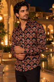 Black Full Sleeve Ajrakh Printed Modal Silk Mens Shirt 10078097