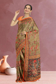 Green Kalamkari Printed Malai Cotton Saree 10074682