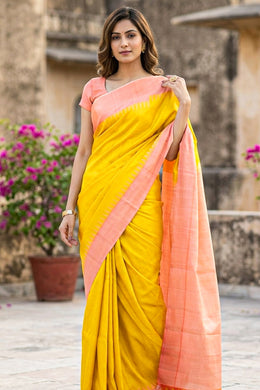 Yellow Gadwal Kuttu Silk Saree With Temple Border 10077053