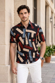 Black Half Sleeve Ajrakh Printed Cotton Mens Shirt 10076830