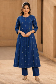 Cerulean Blue Hand Block Cotton Kurta 10077628