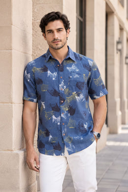 Blue Half Sleeve Ajrakh Printed Cotton Mens Shirt 10072913