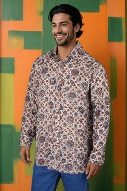 Cream Full Sleeve Ajrakh Printed Cotton Mens Shirt 10071161