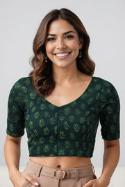 Green Flower Motif Indigo Hand Block Print Cotton Blouse 10074582