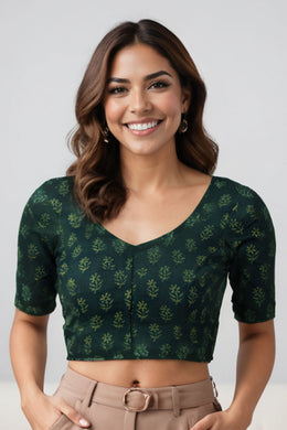 Green Flower Motif Indigo Hand Block Print Cotton Blouse 10074582