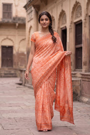 Peach Orange Chikankari Embroided Organza Saree 10078114