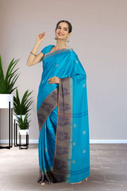 Blue Handloom Chettinad Cotton Saree Without Blouse 10075179