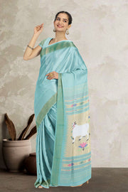 Blue Handloom Paithani Cotton Saree with Silk Pallu 10068428