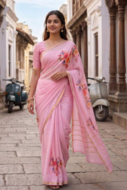 Rose Petal Pink Mysore Crepe Silk Saree With Acrylic Printed Floral Motifs 10076259