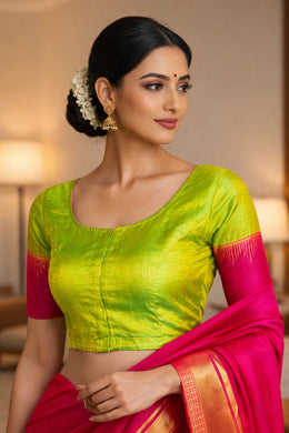 Sunny Leaf Green Kanjivaram Soft Silk Blouse With Contrast Border 10076626