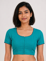 Blue Handcrafted Slub Cotton Solid Style Blouse 10073181