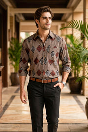 Beige Full Sleeve Ajrakh Printed Cotton Mens Shirt 10076861