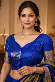 Sapphire Night Blue Kanjivaram Soft Silk Blouse With Floral And Paisley Motifs 10076608