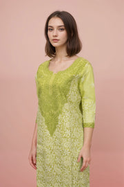 Green Chikankari Embroidery Cotton Kurta 10071466