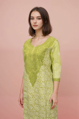 Green Chikankari Embroidery Cotton Kurta 10071466