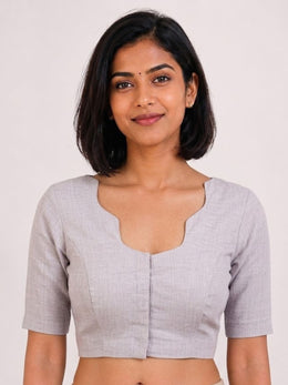 Grey Handcrafted Slub Cotton Solid Style Blouse 10073190