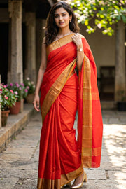 Kanjivaram Red Vegan Silk Saree With Stripes Design 10076341