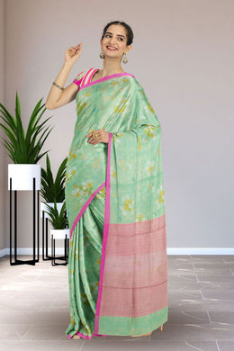 Green Chanderi Printed Silk Cotton Saree 10075365