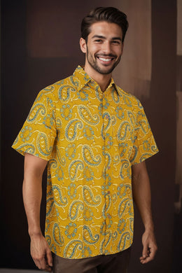 Yellow Half Sleeve Ajrakh Printed Cotton Mens Shirt 10071088