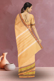 Beige Handloom Chettinad Cotton Saree With Temple Border 10075903