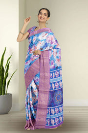 Pacific Blue Fancy Printed Linen Saree 10070282