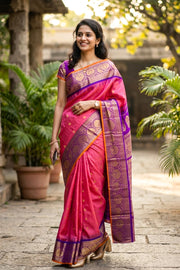 Candy Pink Handloom Gadwal Kuttu Cotton Saree With Silk Zari Border 10077064
