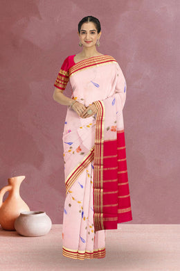 Baby Pink Hand Painted Mysore Crepe Silk Saree 10066355