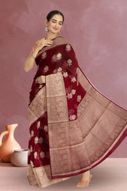 Red Handcrafted Banarasi Organza Saree 10067271