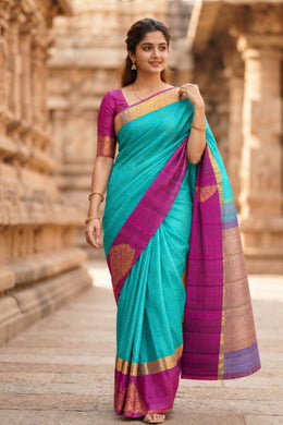 Blue Kanjivaram Silk Saree with Contrast Butta Border 10077903