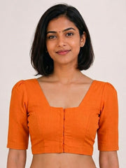 Orange Handcrafted Slub Cotton Solid Style Blouse 10073189