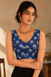 Blue Indigo Hand Block Print Cotton Sleeveless Blouse 10078144