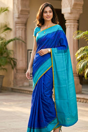 Blue Gadwal Kuttu Silk Saree With Temple Border 10077050