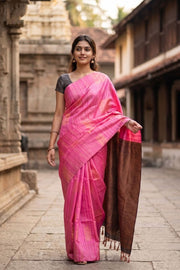Neon Pink Jute Weave Kanjivaram Vegan Silk Saree 10074638