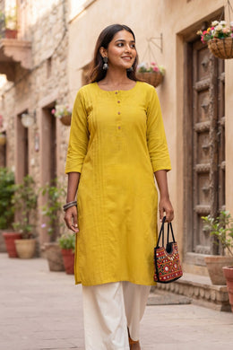 Yellow Handcrafted Slub Cotton Kurta 10077427